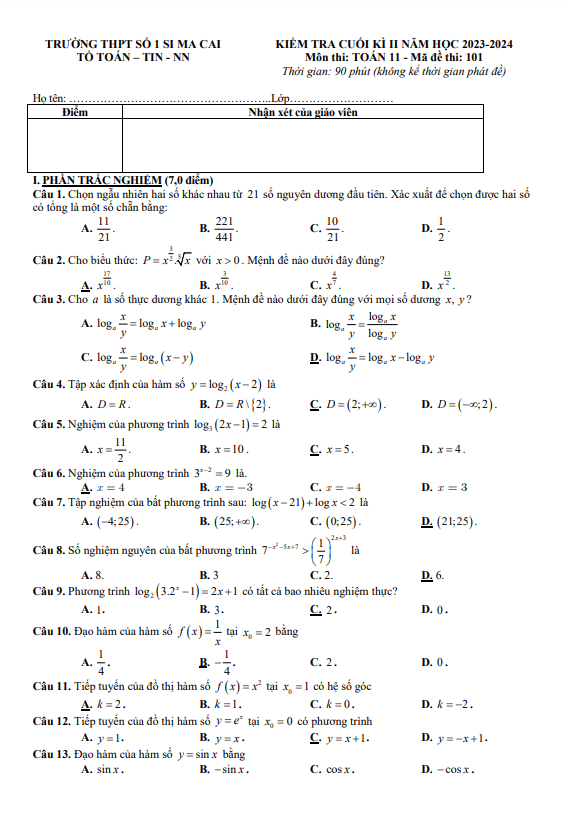 Đề tham khảo cuối kì 2 Toán 11 CD năm 2023 2024 trường THPT Si Ma Cai 1 Lào Cai