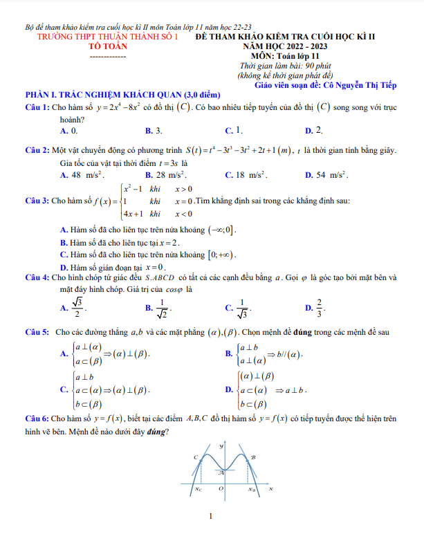 Đề tham khảo cuối kì 2 Toán 11 năm 2022 2023 THPT Thuận Thành 1 Bắc Ninh