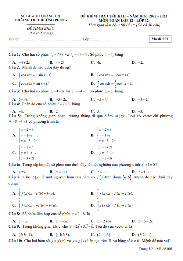 Đề tham khảo cuối kì 2 Toán 12 năm 2022 2023 trường THPT Hướng Phùng Quảng Trị
