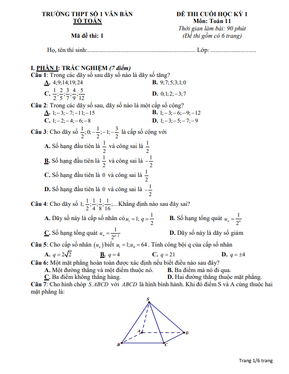 Đề tham khảo cuối kỳ 1 Toán 11 CD năm 2023 2024 trường THPT Văn Bàn 1 Lào Cai