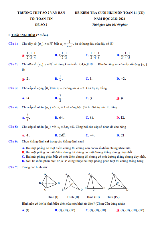 Đề tham khảo cuối kỳ 1 Toán 11 CD năm 2023 2024 trường THPT Văn Bàn 2 Lào Cai