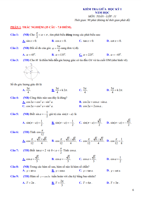 Đề tham khảo giữa kì 1 Toán 11 Cánh Diều năm 2023 2024 sở GD&ĐT Ninh Bình