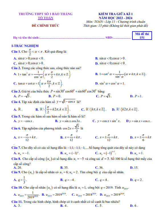Đề tham khảo giữa kì 1 Toán 11 CTST năm 2023 2024 trường THPT Bảo Thắng 1 Lào Cai