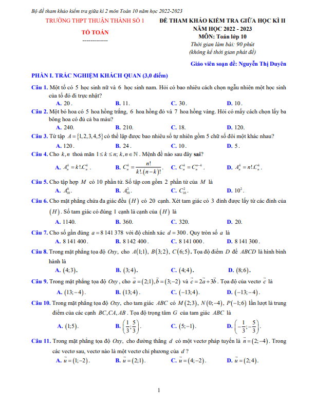 Đề tham khảo giữa kì 2 Toán 10 năm 2022 2023 THPT Thuận Thành 1 Bắc Ninh