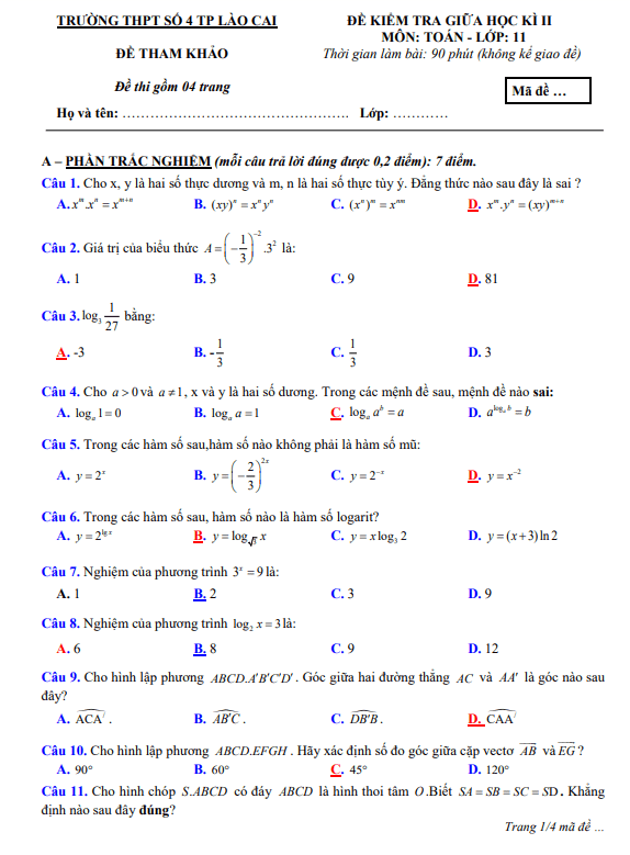 Đề tham khảo giữa kì 2 Toán 11 CTST năm 2023 2024 trường THPT số 4 TP Lào Cai