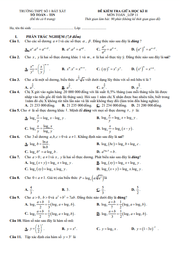 Đề tham khảo giữa kì 2 Toán 11 KNTTVCS năm 2023 2024 THPT Bát Xát 1 Lào Cai