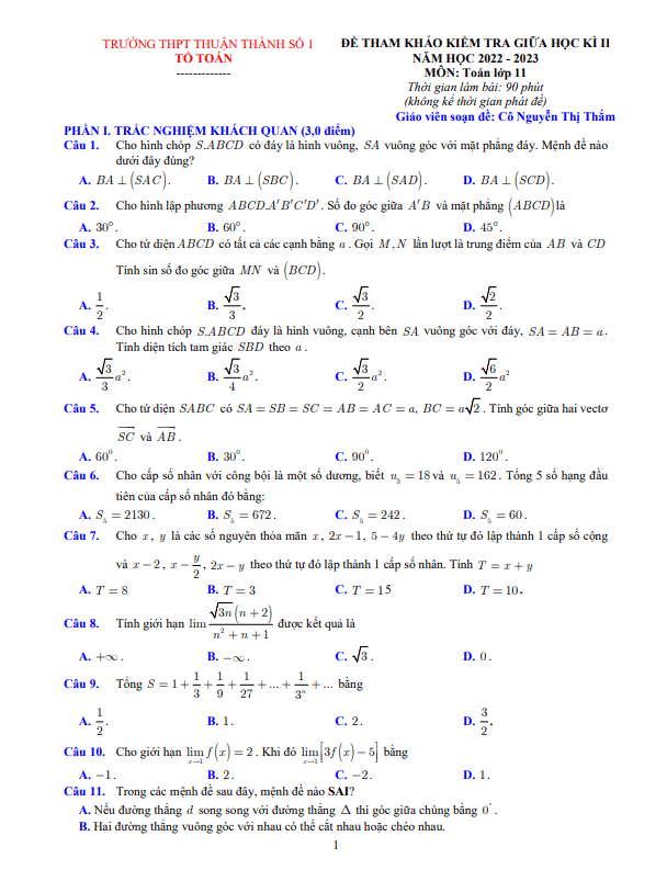 Đề tham khảo giữa kì 2 Toán 11 năm 2022 2023 THPT Thuận Thành 1 Bắc Ninh