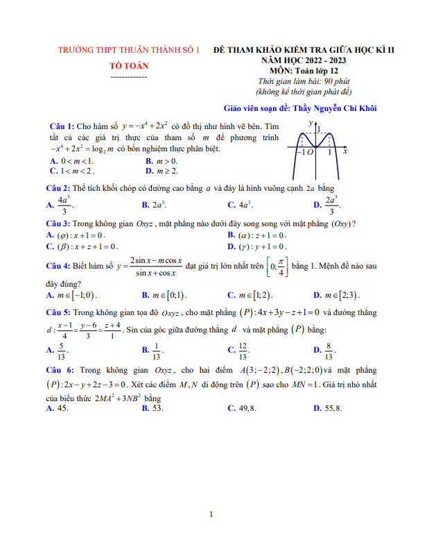 Đề tham khảo giữa kì 2 Toán 12 năm 2022 2023 THPT Thuận Thành 1 Bắc Ninh
