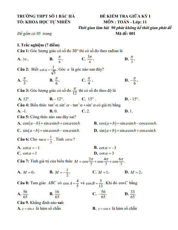 Đề tham khảo giữa kỳ 1 Toán 11 CD năm 2023 2024 trường THPT Bắc Hà 1 Lào Cai