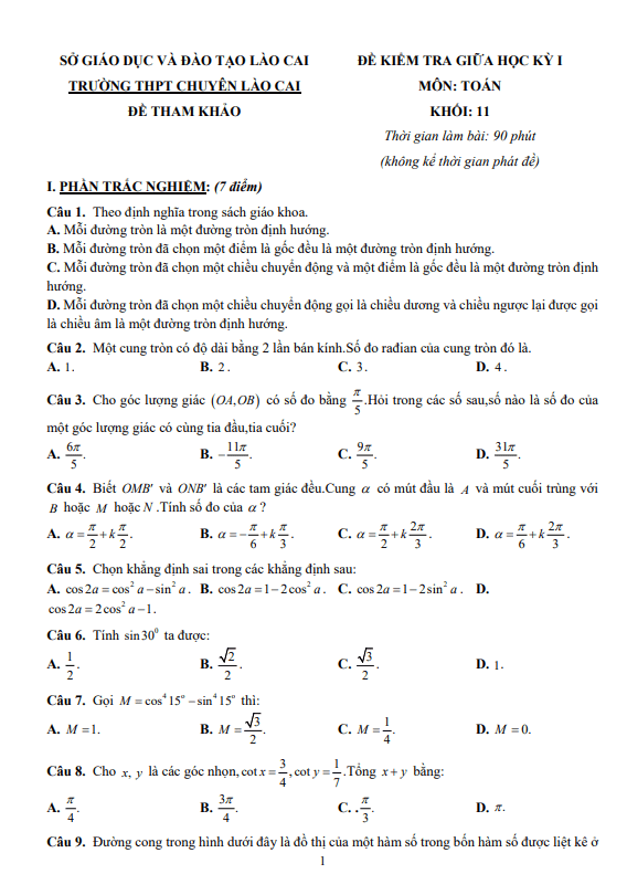 Đề tham khảo giữa kỳ 1 Toán 11 CD năm 2023 2024 trường THPT chuyên Lào Cai