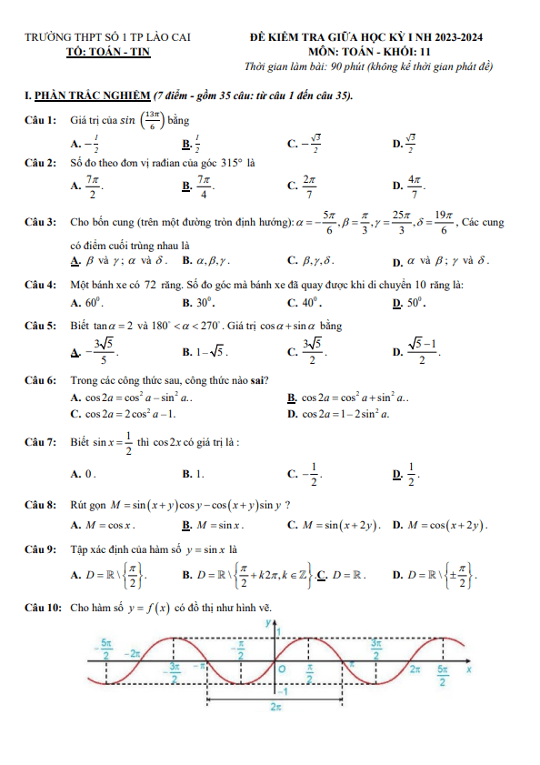 Đề tham khảo giữa kỳ 1 Toán 11 KNTTVCS năm 2023 2024 THPT số 1 TP Lào Cai