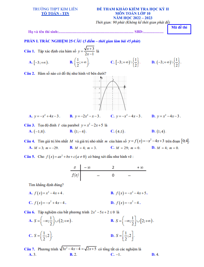 Đề tham khảo học kỳ 2 Toán 10 năm 2022 2023 trường THPT Kim Liên Hà Nội