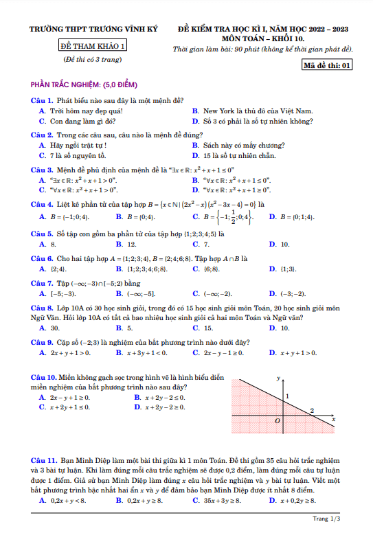 Đề tham khảo kì 1 Toán 10 năm 2022 2023 trường THPT Trương Vĩnh Ký Bến Tre