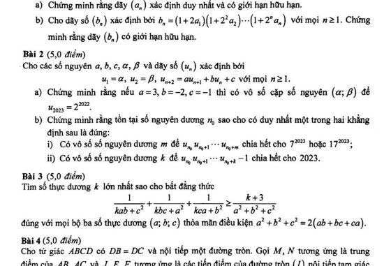 Đề thi chọn học sinh giỏi Quốc gia môn Toán THPT năm học 2022 2023