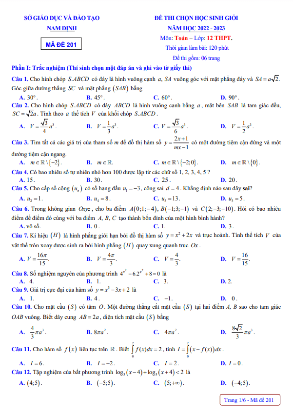 Đề thi chọn học sinh giỏi Toán 12 năm 2022 2023 sở GD&ĐT Nam Định