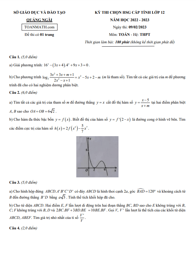 Đề thi chọn HSG cấp tỉnh Toán 12 năm 2022 2023 sở GD&ĐT Quảng Ngãi