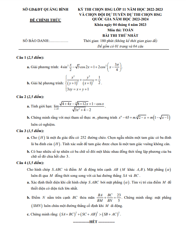 Đề thi chọn HSG Toán 11 năm 2022 2023 sở GD&ĐT Quảng Bình