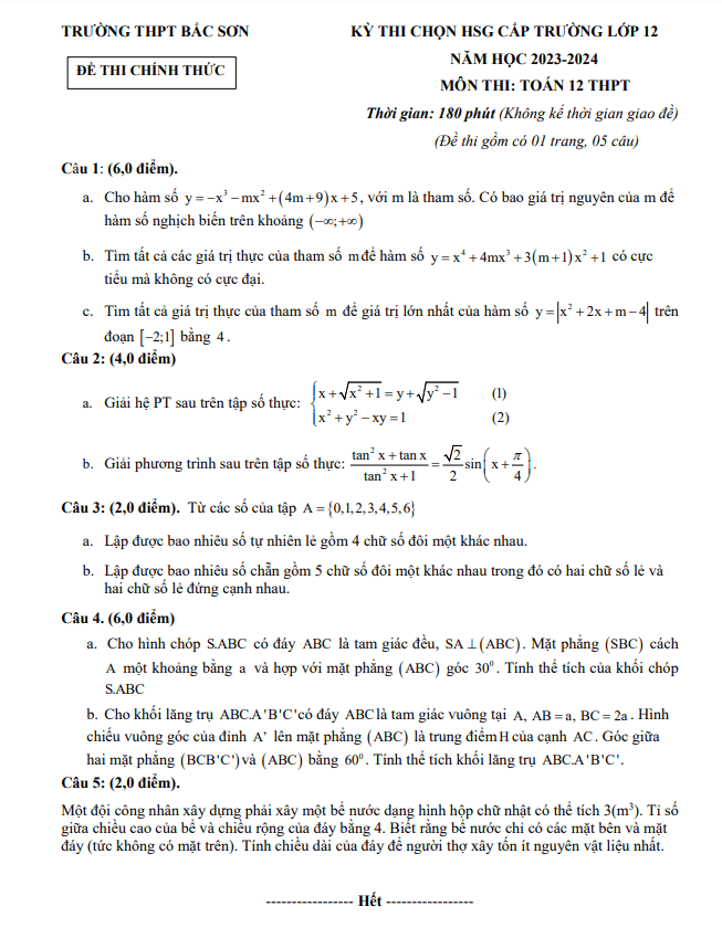 Đề thi chọn HSG Toán 12 năm 2023 2024 trường THPT Bắc Sơn Lạng Sơn