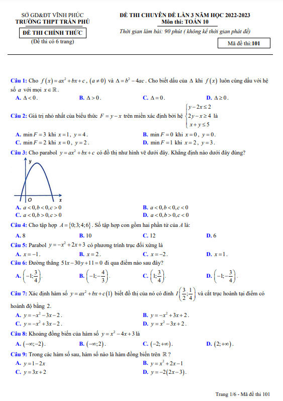 Đề thi chuyên đề Toán 10 lần 3 năm 2022 2023 trường THPT Trần Phú Vĩnh Phúc