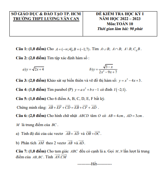Đề thi cuối HK1 Toán 10 năm 2022 2023 trường THPT Lương Văn Can TP HCM