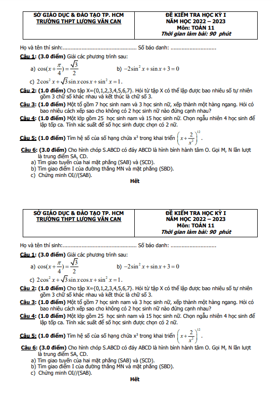Đề thi cuối HK1 Toán 11 năm 2022 2023 trường THPT Lương Văn Can TP HCM