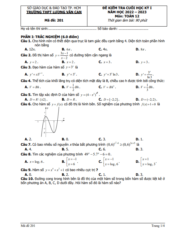 Đề thi cuối HK1 Toán 12 năm 2022 2023 trường THPT Lương Văn Can TP HCM