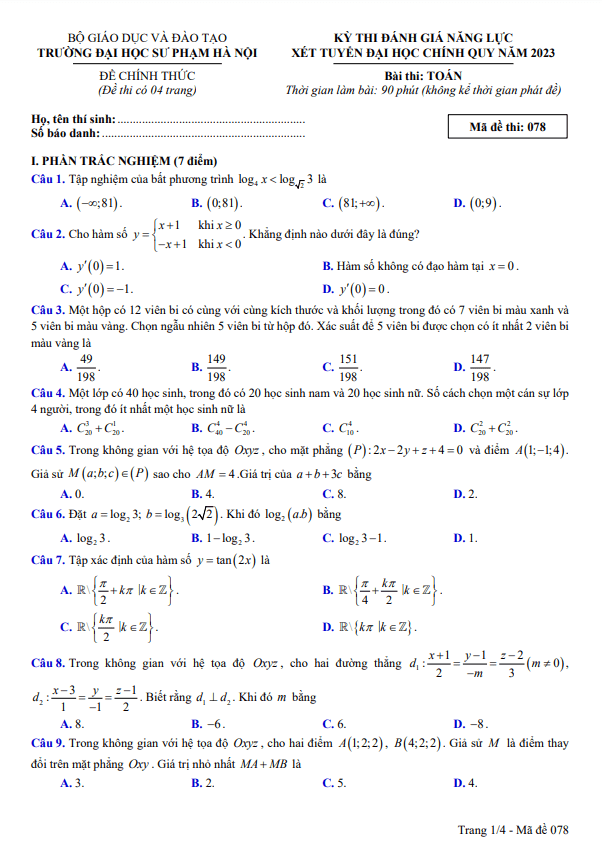 Đề thi đánh giá năng lực môn Toán xét tuyển Đại học 2023 trường ĐHSP Hà Nội