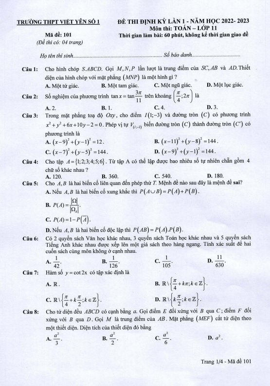 Đề thi định kỳ lần 1 Toán 11 năm 2022 2023 trường THPT Việt Yên 1 Bắc Giang