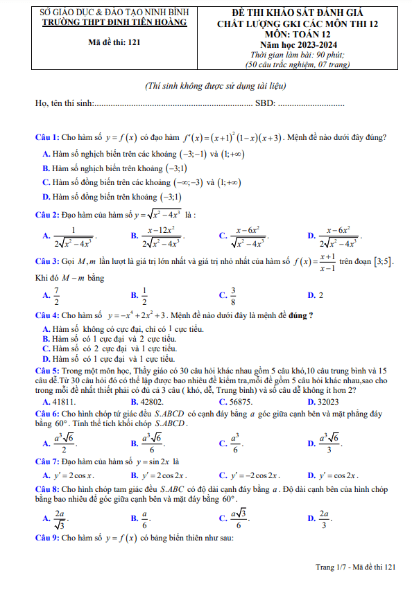 Đề thi giữa kì 1 Toán 12 năm 2023 2024 trường THPT Đinh Tiên Hoàng Ninh Bình