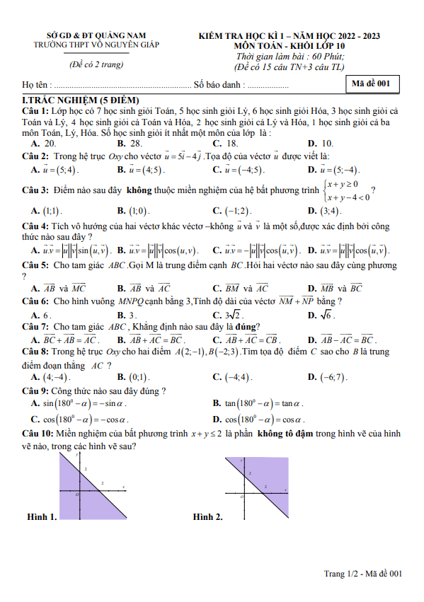 Đề thi HK1 Toán 10 năm 2022 2023 trường THPT Võ Nguyên Giáp Quảng Nam