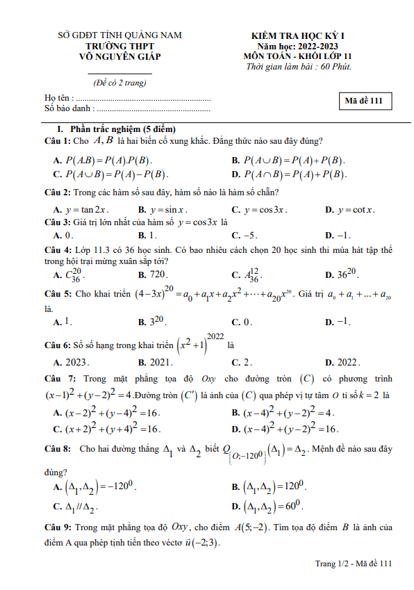 Đề thi HK1 Toán 11 năm 2022 2023 trường THPT Võ Nguyên Giáp Quảng Nam