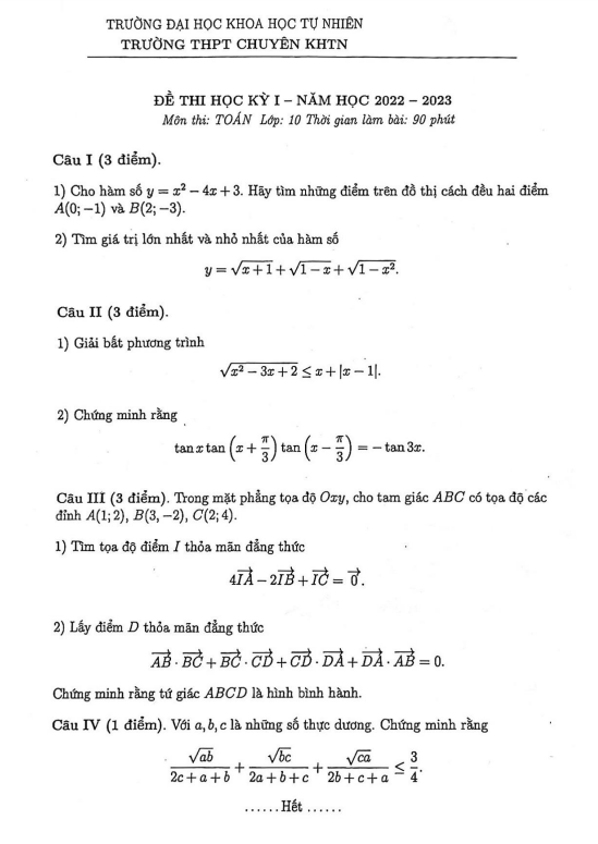 Đề thi học kì 1 Toán 10 năm 2022 2023 trường chuyên KHTN Hà Nội