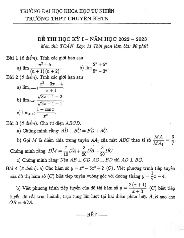 Đề thi học kì 1 Toán 11 năm 2022 2023 trường chuyên KHTN Hà Nội