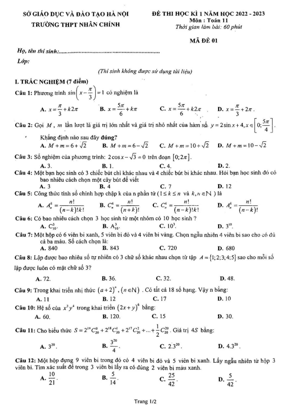 Đề thi học kì 1 Toán 11 năm 2022 2023 trường THPT Nhân Chính Hà Nội