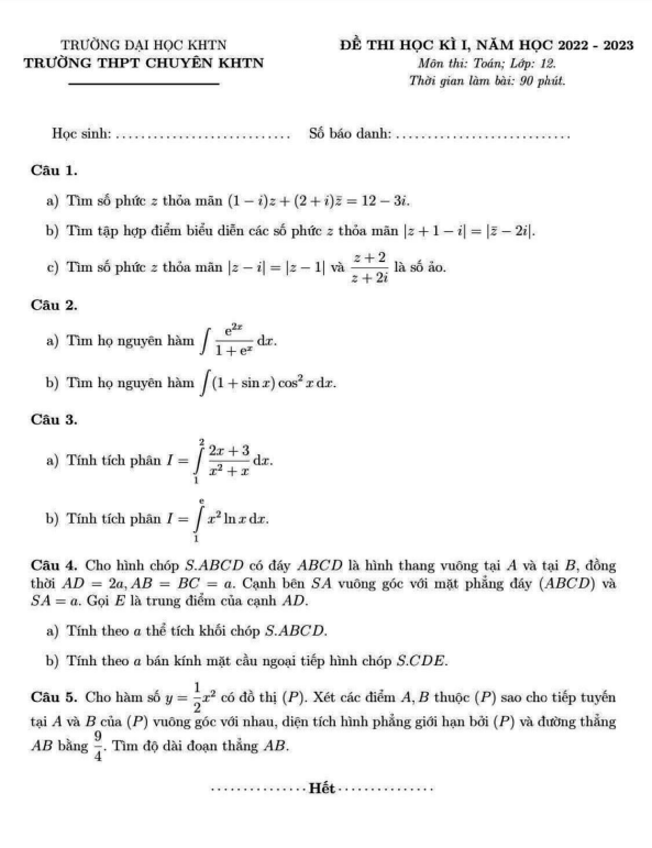 Đề thi học kì 1 Toán 12 năm 2022 2023 trường chuyên KHTN Hà Nội