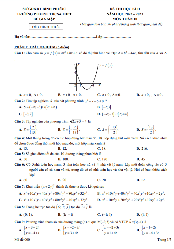 Đề thi học kì 2 Toán 10 năm 2022 2023 trường Bù Gia Mập Bình Phước