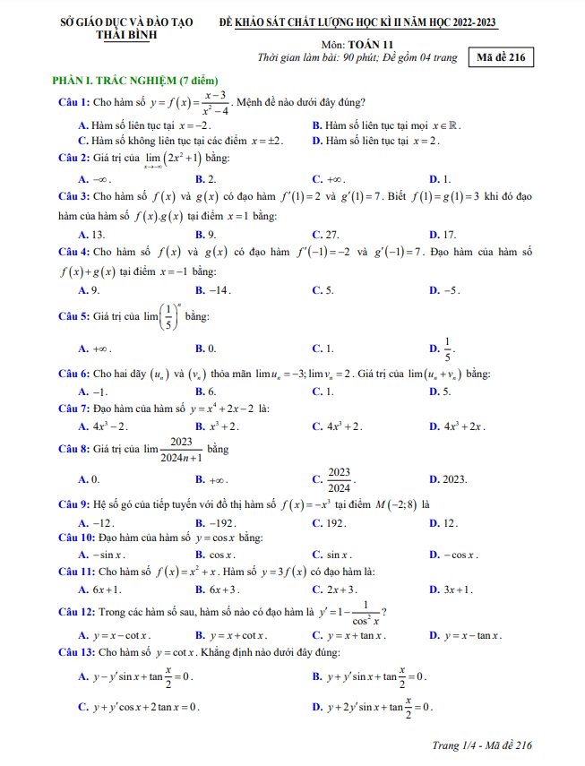 Đề thi học kì 2 Toán 11 năm 2022 2023 sở GD&ĐT Thái Bình