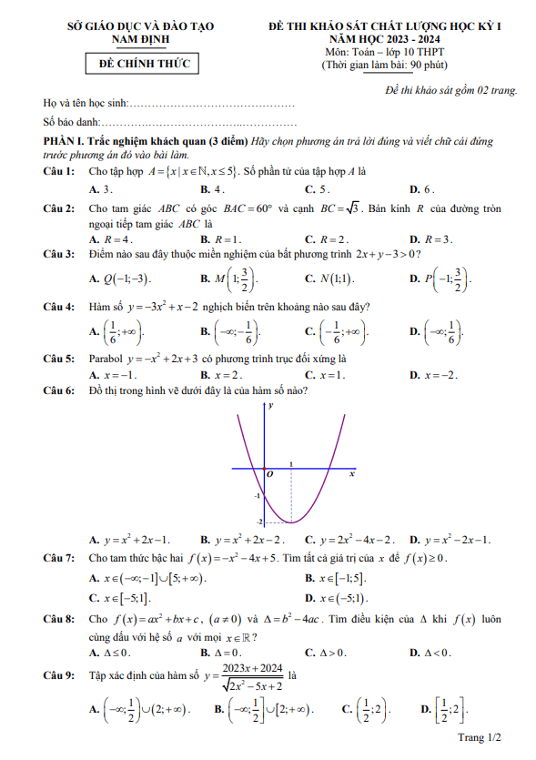 Đề thi học kỳ 1 Toán 10 năm 2023 2024 sở GD&ĐT Nam Định