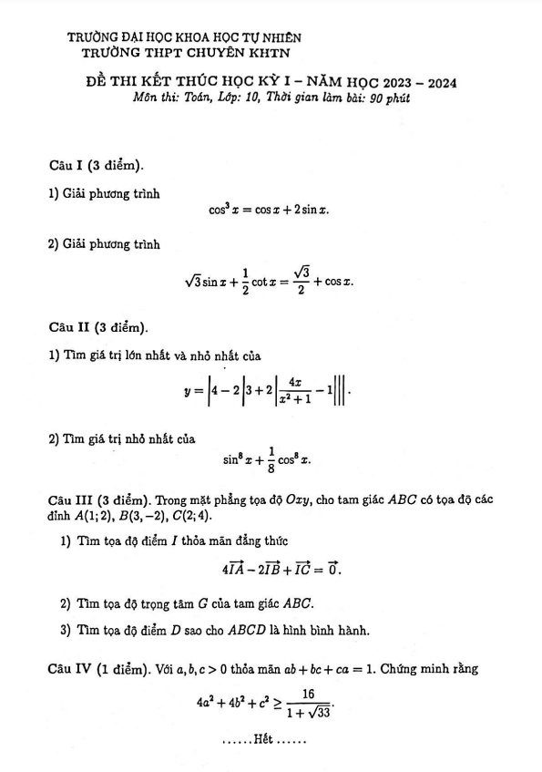 Đề thi học kỳ 1 Toán 10 năm 2023 2024 trường THPT chuyên KHTN Hà Nội