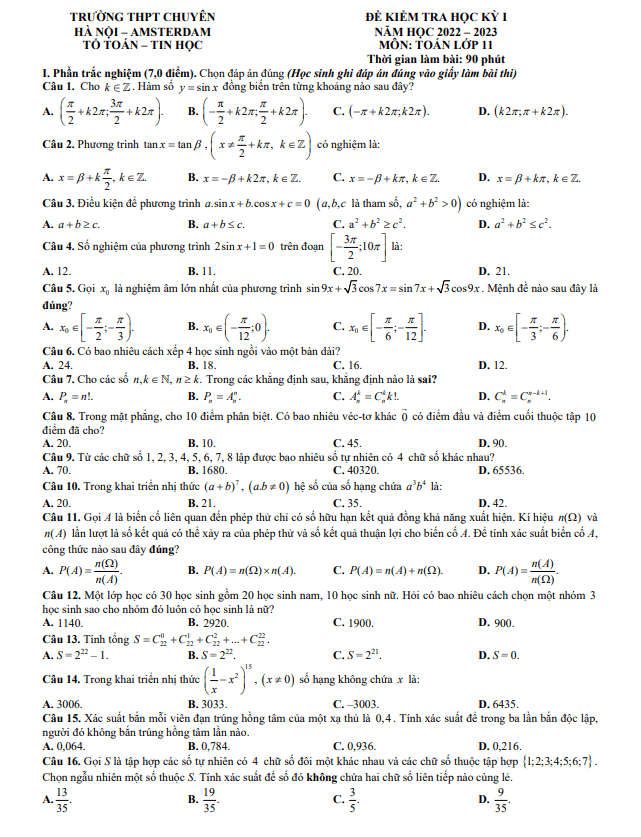 Đề thi học kỳ 1 Toán 11 năm 2022 2023 trường THPT chuyên Hà Nội Amsterdam