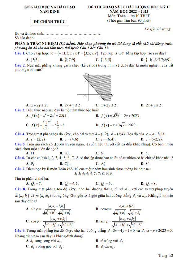 Đề thi học kỳ 2 Toán 10 năm 2022 2023 sở GD&ĐT Nam Định