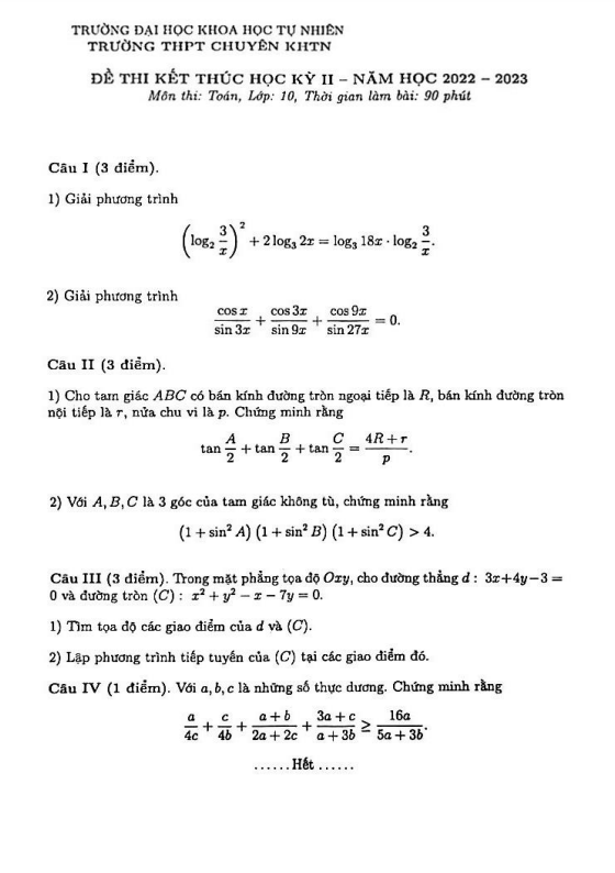 Đề thi học kỳ 2 Toán 10 năm 2022 2023 trường chuyên KHTN Hà Nội