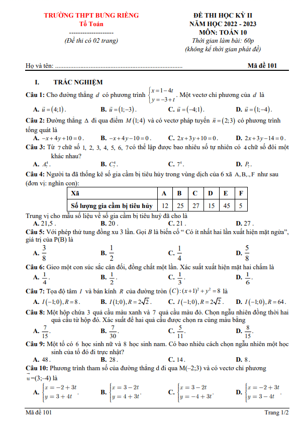 Đề thi học kỳ 2 Toán 10 năm 2022 2023 trường THPT Bưng Riềng BR VT