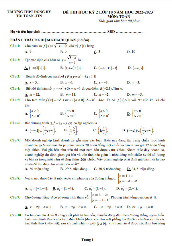 Đề thi học kỳ 2 Toán 10 năm 2022 2023 trường THPT Đồng Hỷ Thái Nguyên
