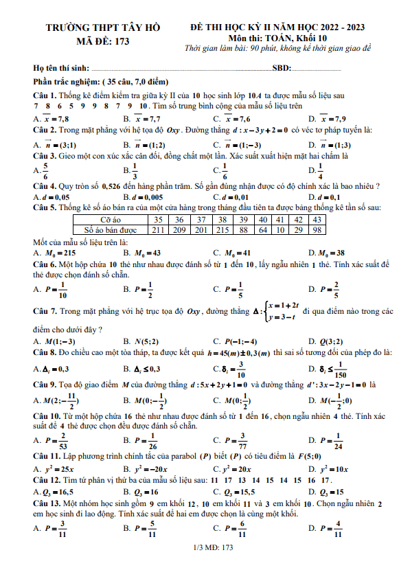 Đề thi học kỳ 2 Toán 10 năm 2022 2023 trường THPT Tây Hồ Hà Nội
