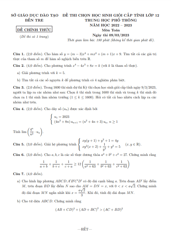Đề thi học sinh giỏi cấp tỉnh Toán 12 năm 2022 2023 sở GD&ĐT Bến Tre