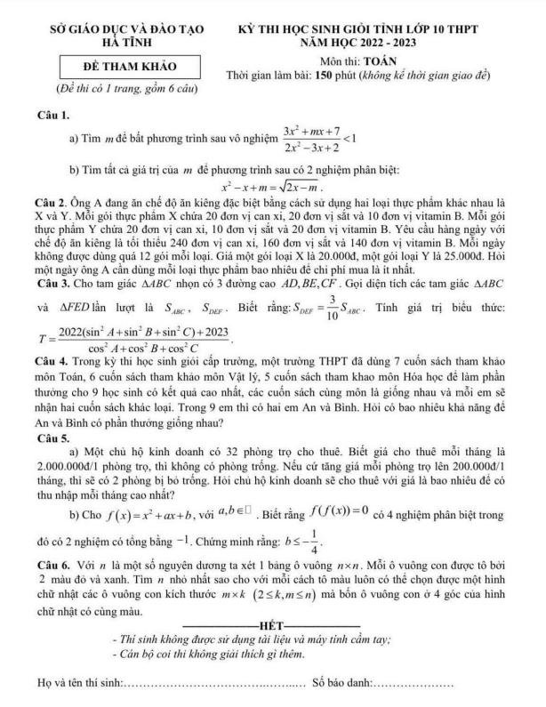 Đề thi học sinh giỏi tỉnh Toán 10 năm 2022 2023 sở GD&ĐT Hà Tĩnh