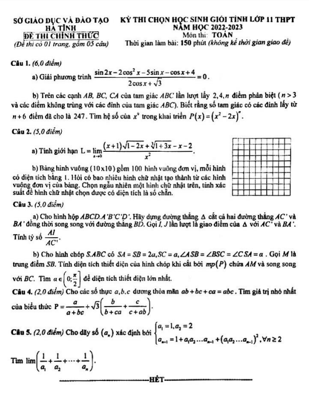 Đề thi học sinh giỏi tỉnh Toán 11 năm 2022 2023 sở GD&ĐT Hà Tĩnh