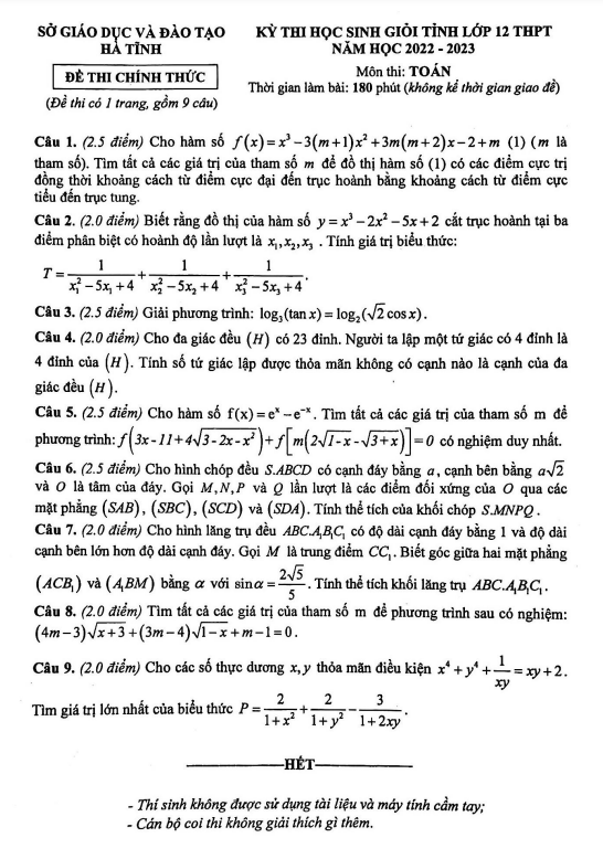Đề thi học sinh giỏi tỉnh Toán 12 năm 2022 2023 sở GD&ĐT Hà Tĩnh