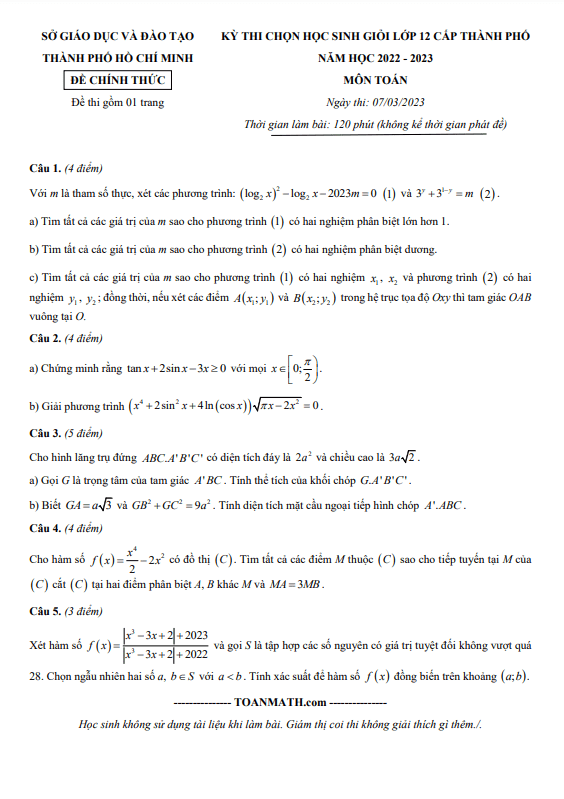 Đề thi học sinh giỏi Toán 12 năm 2022 2023 sở GD&ĐT TP Hồ Chí Minh